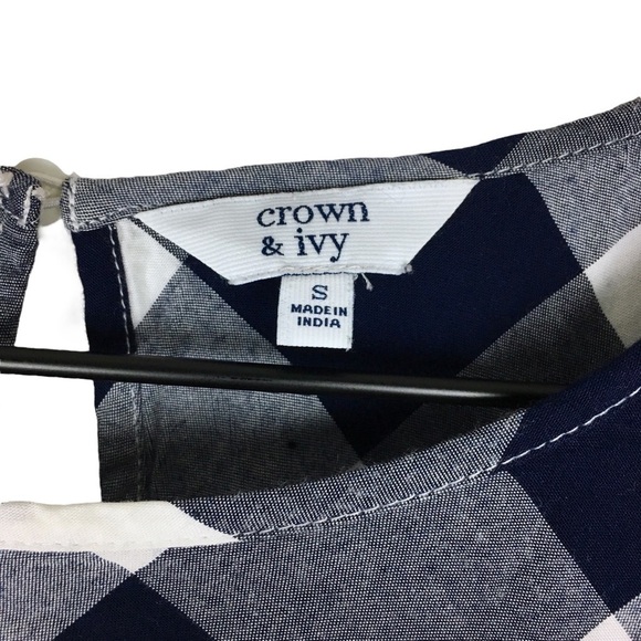 CROWN & IVY Top Blouse Check Plaid Print Gingham Ruffle 3/4 Sleeve Size Small - Picture 6 of 10